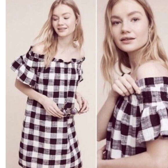 Anthropologie Corey Lynn Calter plaid off shoulder linen blend dress nwt - Picture 1 of 8
